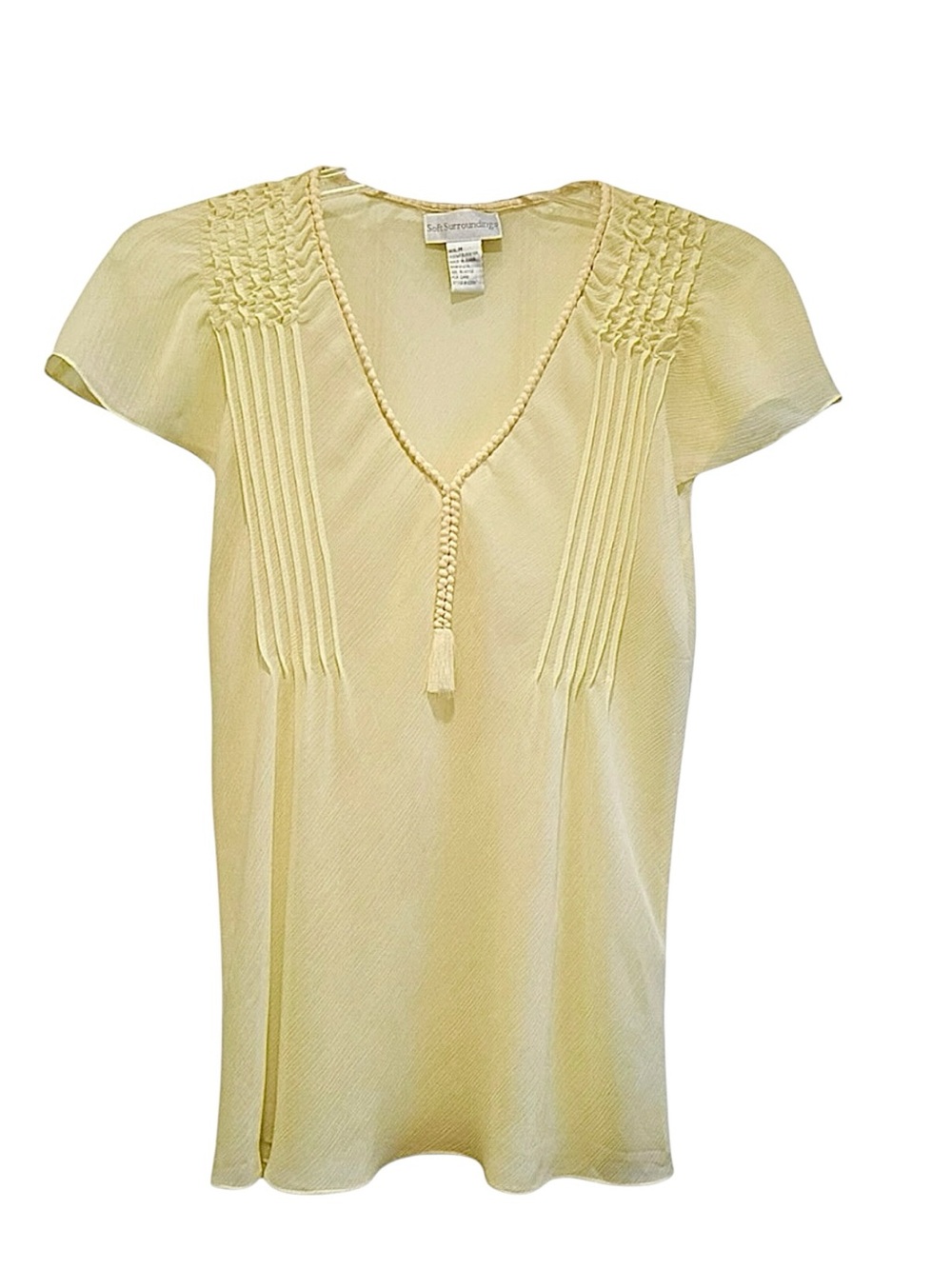 🌼 Soft Surroundings Butter Yellow Chiffon Pintuck Blouse with Tassel Tie | Sz M